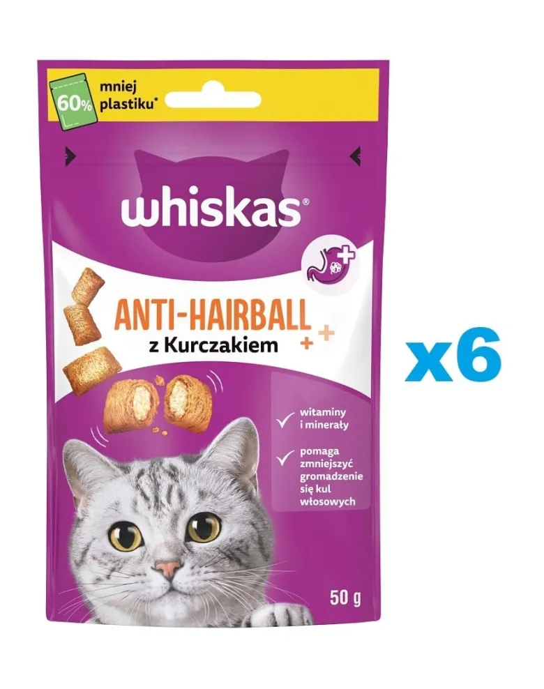 WHISKAS Anti Hairball 6x50g snack contro boli di pelo per gatti adulti