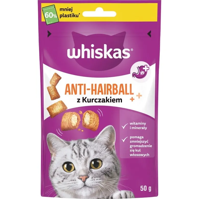 WHISKAS Anti Hairball 6x50g snack contro boli di pelo per gatti adulti
