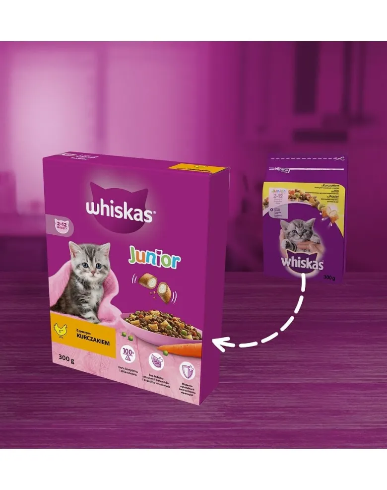 WHISKAS Junior 300g alimento secco completo con delizioso pollo per gattini