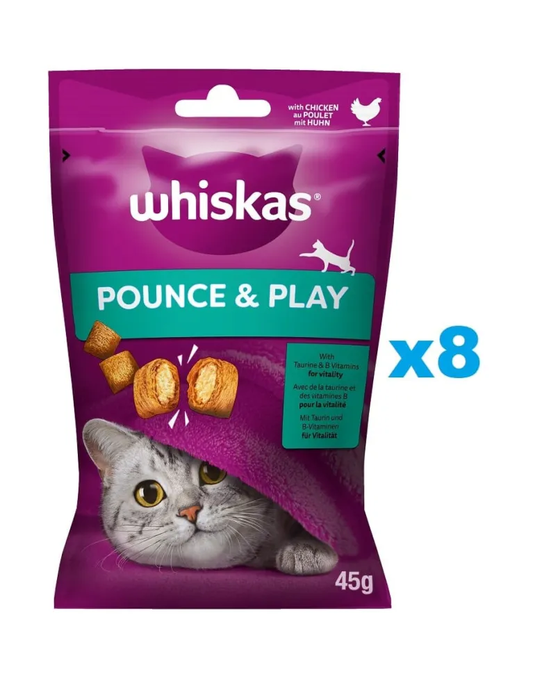 WHISKAS Pounce & Play 8 x 45g snack con pollo per gatti