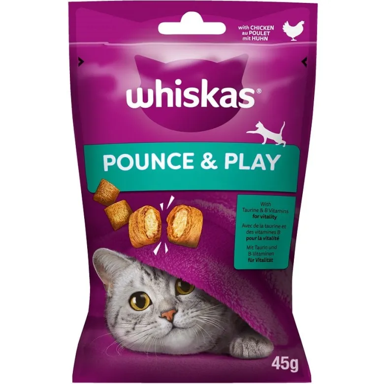WHISKAS Pounce & Play 8 x 45g snack con pollo per gatti
