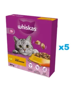 WHISKAS Senior 5x800g cibo secco con delizioso pollo per gatti anziani