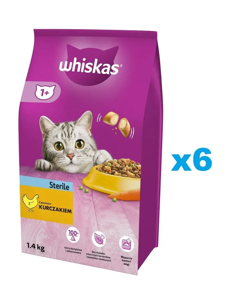 WHISKAS Sterile 6x1,4kg Alimento secco con pollo per gatti adulti sterilizzati