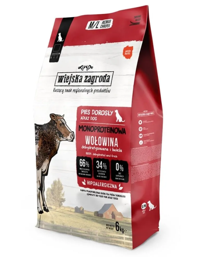 WIEJSKA ZAGRODA Alimento monoproteico con manzo per cani M/L 6 kg