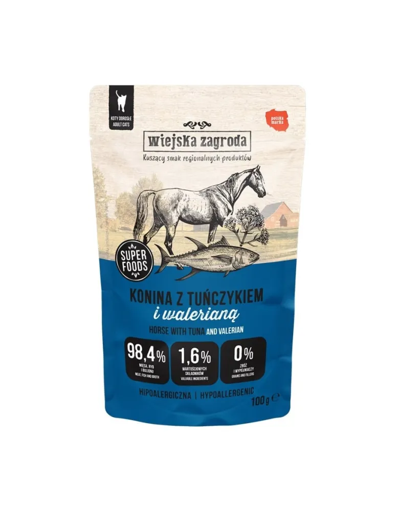 WIEJSKA ZAGRODA Superfoods Cavallo con tonno e valeriana cibo umido per gatti 100 g
