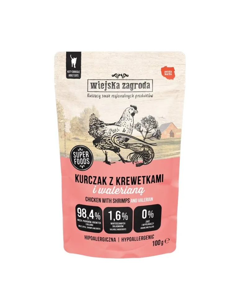 WIEJSKA ZAGRODA Superfoods Pollo con gamberi e valeriana cibo umido per gatti 100 g