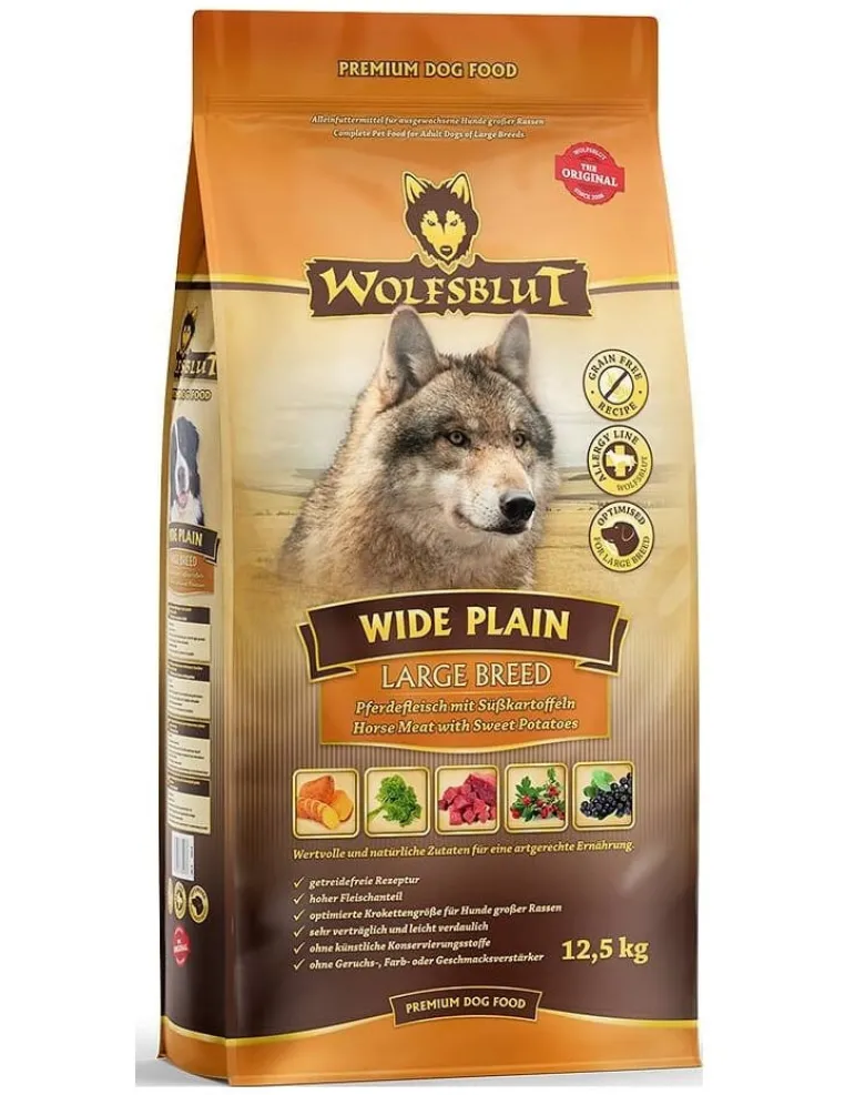 WOLFSBLUT Wide Plain Large Breed Adult per cani allergici di razza grande con carne di cavallo e patate dolci 12,5 kg